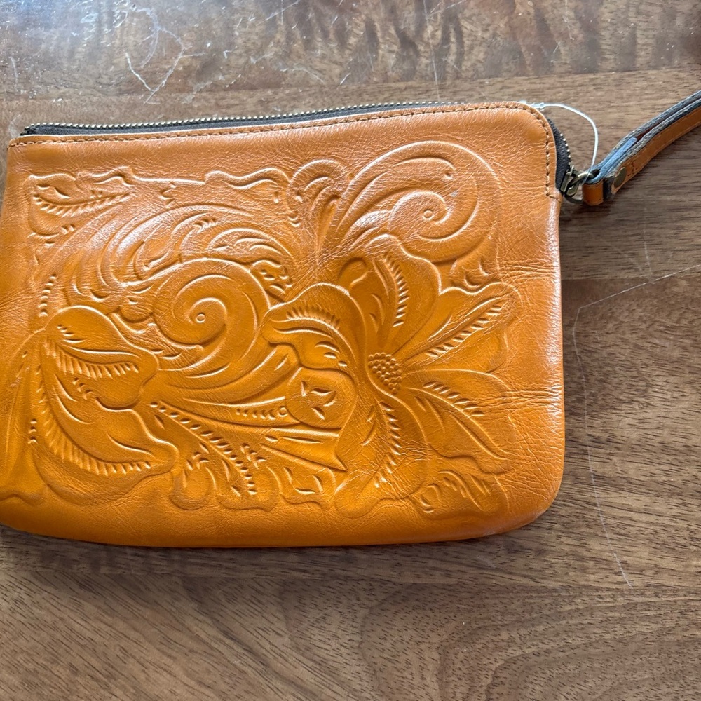 Patricia Nash Floral Embossed Leather Wristlet in Orange